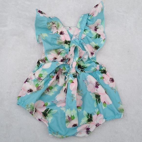 Bailey's Blossoms Ruffle Bubble Rompers Floral and Mustard 6-9 18-24 months - Picture 2 of 6